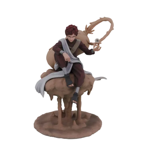 3D model of Gaara from Naruto sitting on a swirling sand sculpture, with his arms resting and a focused expression.