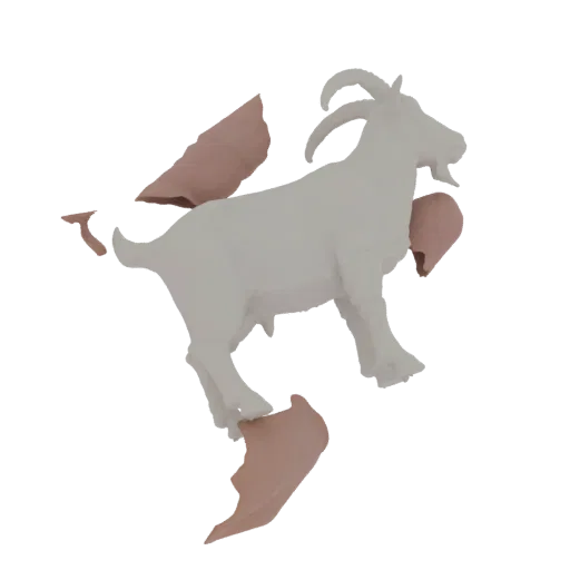 A 3D render of a fragmented goat sculpture with a white body and scattered pink accent pieces, set against a black background