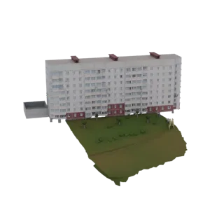 3D model of a Soviet-era apartment building with a green terrain base, viewed from a slight angle.