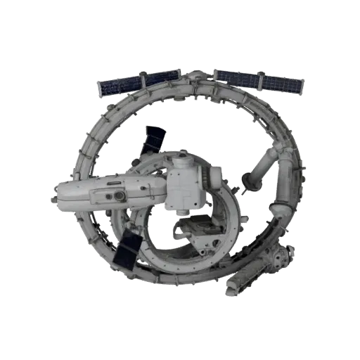 Modular Space Station Realistic 3D model, three-quarter studio render, showing metal modules, modular station layout.