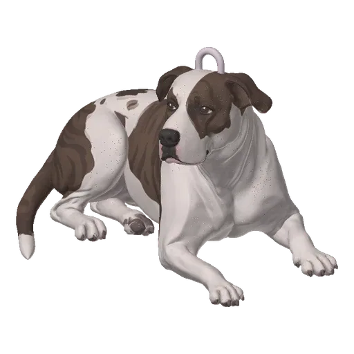 3D model of a brown and white Pitbull dog lying down, with a loop on its head for hanging as an ornament.