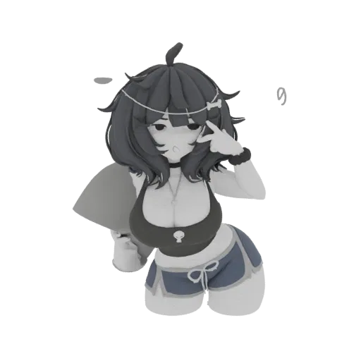 Modelo 3D em escala de cinza de uma garota anime fofa com cabelo escuro, vestindo uma regata e shorts, fazendo um sinal de pa
