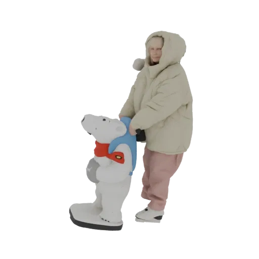 Modèle 3D d'un enfant en doudoune beige poussant un jouet ours polaire blanc avec une écharpe bleue et une écharpe rouge.