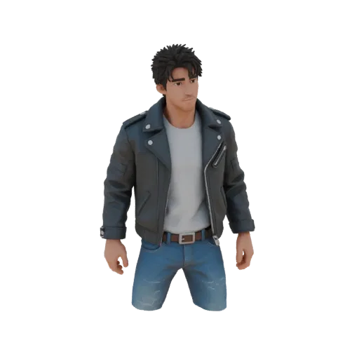3D model of a young man in a leather jacket, t-shirt, and jeans, with messy hair