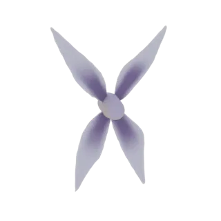 Modello 3D di un fiore stilizzato a quattro petali con una morbida sfumatura lavanda e una sfera centrale luminosa, su sfondo