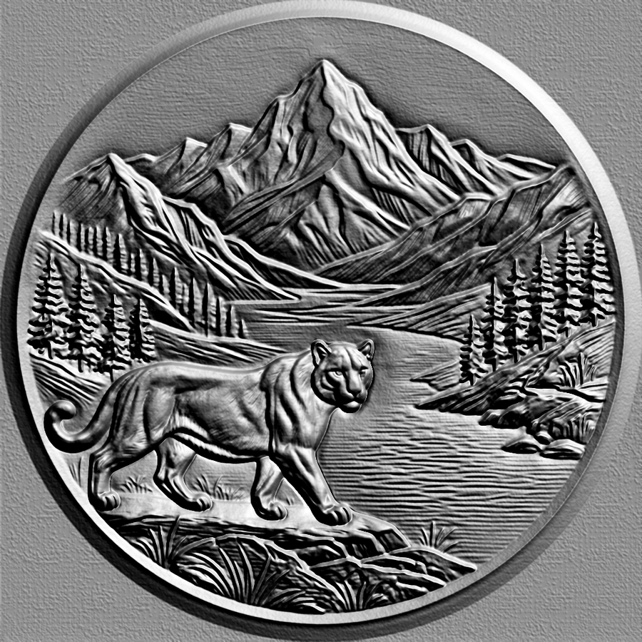 Bajorrelieve con puma y paisaje de montaña