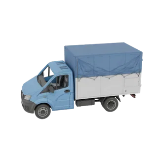 3D model of a light blue truck with a blue tarp covering its cargo bed, shown against a black background.