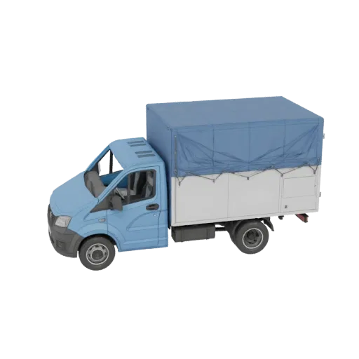 3D model of a light blue truck with a blue tarp covering its cargo bed, shown against a black background.
