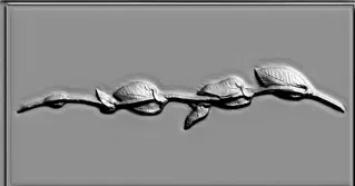Modelo 3D de bajorrelieve con una rama y hojas, en color gris.