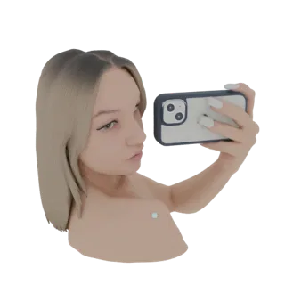 Modèle 3D d'une personne aux cheveux blonds prenant un selfie avec un smartphone, rendu sur fond blanc.
