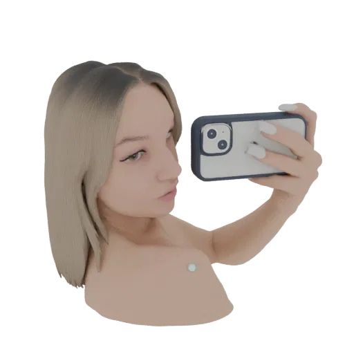 Modelo 3D de uma pessoa com cabelo loiro tirando uma selfie com um smartphone, renderizado sobre um fundo branco.