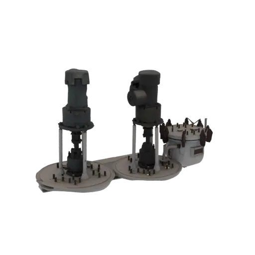3D model of an industrial pump assembly with two pumps and a connected tank, rendered in gray.