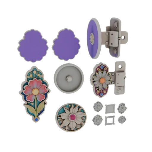 Floral Decorative Pin collectible detail 3D model, studio profile shot, showing brooch silhouette and surface contrast.