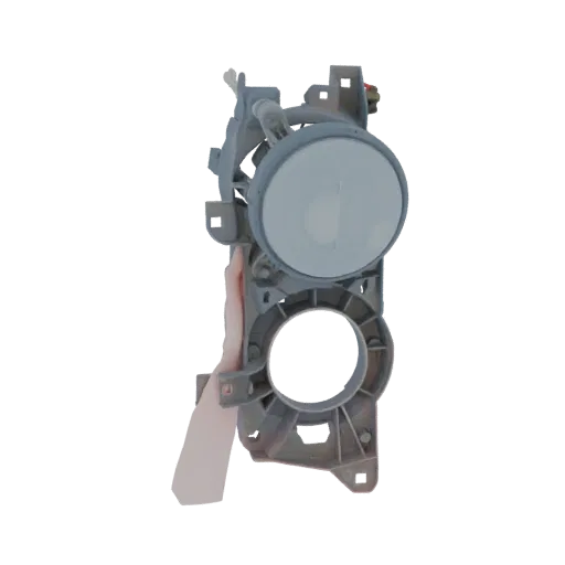 3D model of a gray automotive fog light housing with a circular lens opening and a complex mounting bracket system.