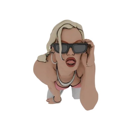 3D model of a glamorous woman with blonde hair, wearing large sunglasses and sticking her tongue out, in a dynamic pose.