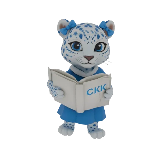 3D model of a cute snow leopard cub wearing blue bows and a dress, holding an open book with 'CKK' on the page.