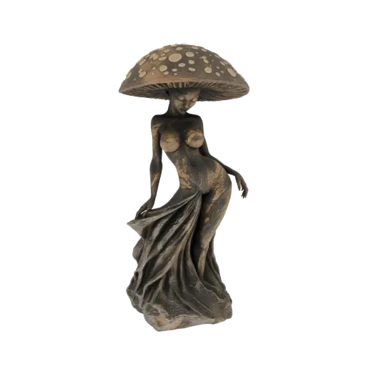 Modelo 3D de estatua Ninfa Seta con tocado de sombrero de seta y tela fluida, renderizado sobre fondo blanco.