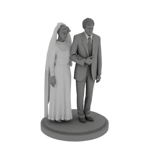 3D model of a vintage wedding couple, bride in a white gown and veil, groom in a suit, standing arm-in-arm on a circular base