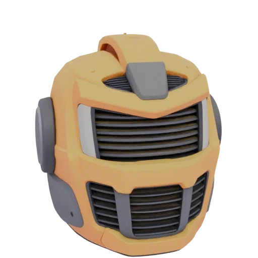 A 3D render of a yellow and gray sci-fi robot head with prominent horizontal vents on the forehead and chin.