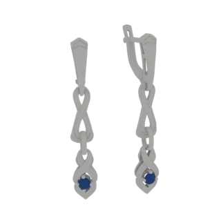 3D model render of a pair of silver-toned infinity loop earrings, each with a blue sapphire at the bottom.
