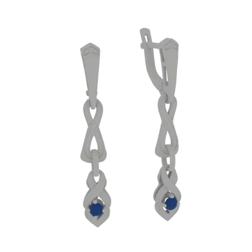 3D model render of a pair of silver-toned infinity loop earrings, each with a blue sapphire at the bottom.