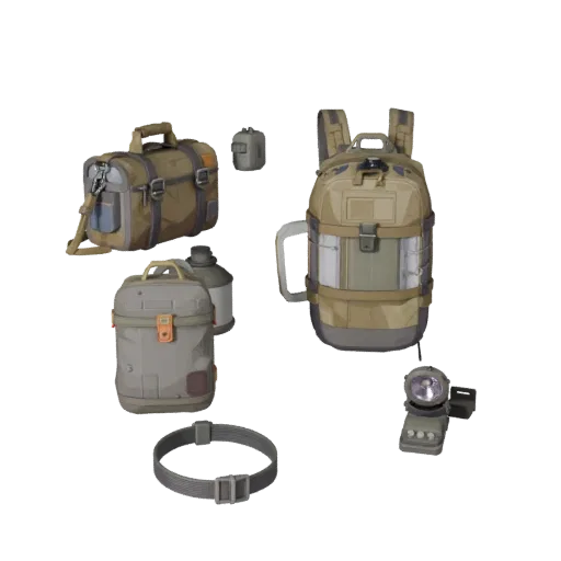 Survival Canteen Kit Stylized 3D model, stylized isometric render, showing canvas, packable silhouettes.
