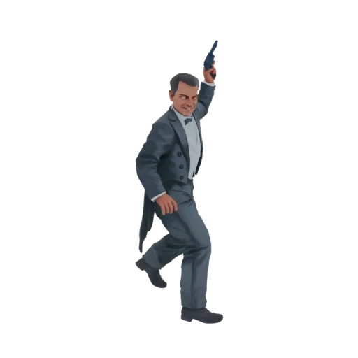 Modelo 3D de um cavalheiro sorridente em um smoking escuro, segurando uma pistola na mão direita levantada, em pose dinâmica.