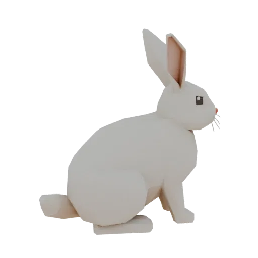 Low poly 3D model of a white rabbit sitting with its head turned, on a white background.