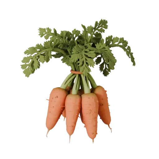 Market Carrot Bunch 3D model, three-quarter front view, Unity viewport, showing leaf veins, clear vegetable silhouettes.