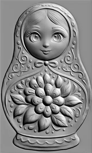 3D model of a Russian doll bas-relief with floral pattern, rendered in gray, with detailed face and ornament.