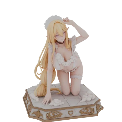 Modello 3D di un'elfa bionda in abito da cameriera, inginocchiata su una base decorativa con capelli fluttuanti.