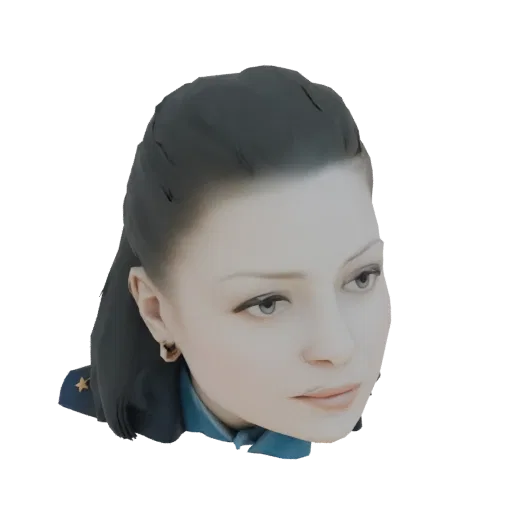 3D model render of a woman with dark hair, wearing a blue uniform with a gold star emblem, looking to the side.
