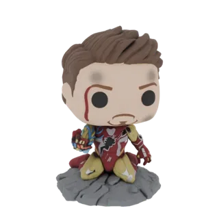 3D model of a battle-damaged Iron Man Funko Pop figure kneeling on a rocky base, showing wear and tear on his armor.