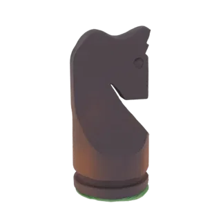 A 3D render of a dark brown chess knight piece with a stylized horse head and a subtle green base, isolated on a white backgr