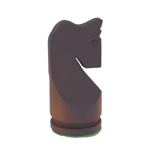 A 3D render of a dark brown chess knight piece with a stylized horse head and a subtle green base, isolated on a white backgr