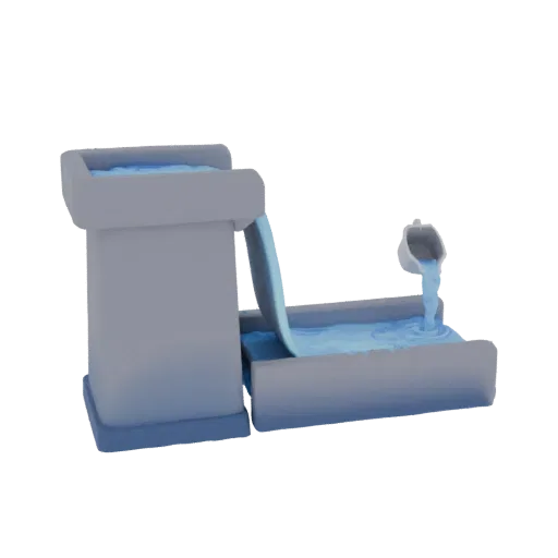 3D model of a Japanese waterfall with a pitcher, from which water flows into a stream, rendered in gray with blue water eleme
