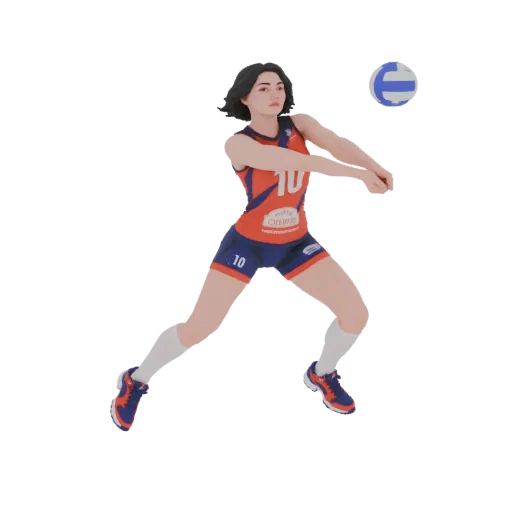 3D model of a female volleyball player in a dynamic pose, wearing a red and blue uniform, with a volleyball in the air.