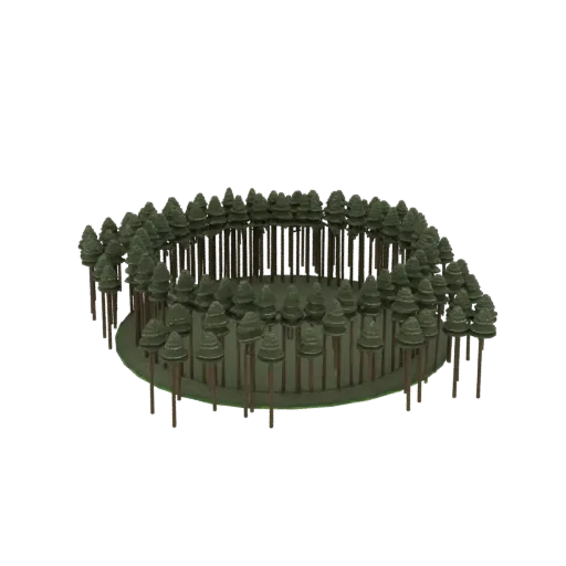 A 3D render of a circular forest clearing surrounded by numerous stylized pine trees on a green base, set against a black bac