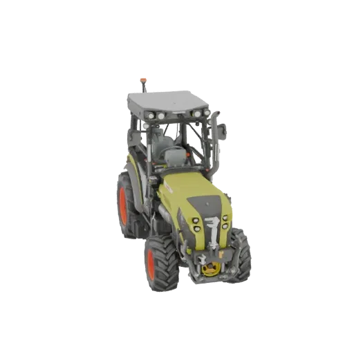 3D model of a compact yellow tractor with a gray cabin, bright headlights, and large, treaded tires, set against a white back