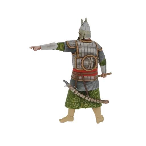 Modèle 3D d'un guerrier médiéval en armure complète, pointant vers l'avant avec une épée à la hanche, vu de dos.