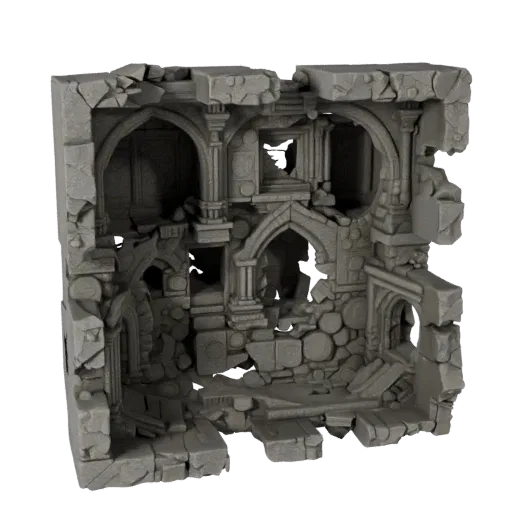 Hochdetailliertes 3D-Modell einer Katakombenraum-Kachel, Nahaufnahme eines filmischen Umgebungs-Renderings, das gealterten Stein und gebaute Überreste zeigt.