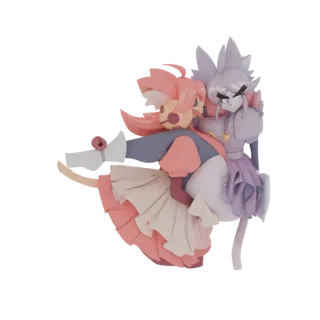 Modelo 3D de una chica gato rosa siendo llevada por una chica gato morada, con rasgos expresivos inspirados en el anime y atu