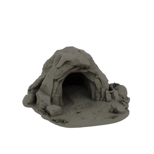 Cave Entrance Terrain Printable 3D model, isometric tabletop STL render, showing sculpted terrain, built remnants.