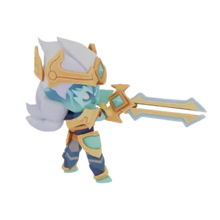 Modelo 3D de un adorable Guerrero Chibi de Hielo con piel azul translúcida, armadura dorada y espada de doble filo, en pose d