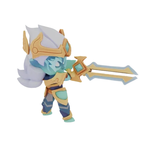 3D model of a cute Chibi Ice Warrior with translucent blue skin, golden armor, and a double-bladed sword, posed dynamically.