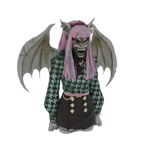Modèle 3D d'un buste de fille gargouille gothique avec des ailes de chauve-souris, des cheveux rose et bleus et une tenue à l