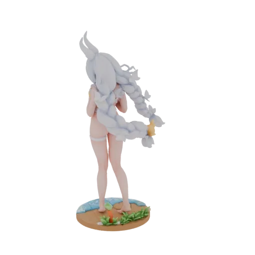 3D model of an anime girl in a swimsuit with long braided white hair, standing on a beach-themed base.