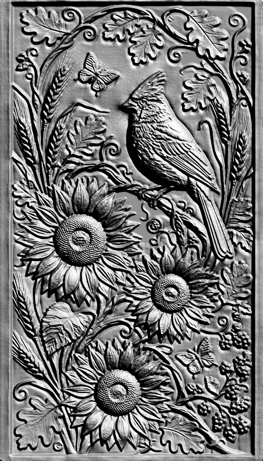 3D model of a bas-relief with a cardinal, sunflowers, wheat, and butterflies in a medallion style