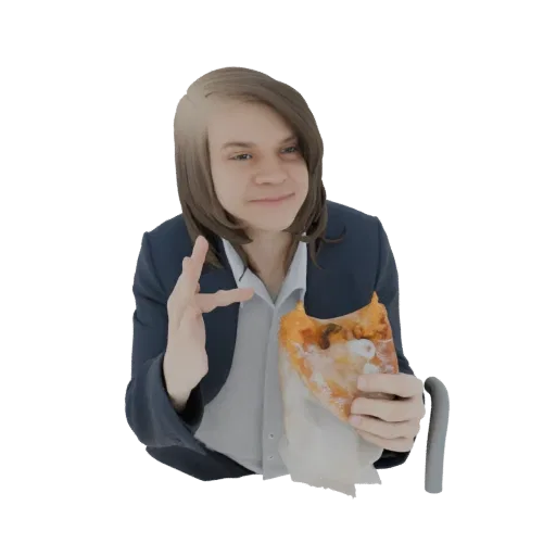 3D model of a young man in a dark suit and light shirt, holding a slice of pizza and a cane, with a slight smile.