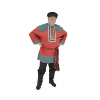 Modelo 3D de um homem vestindo um traje folclórico tradicional russo vermelho e turquesa, completo com cinto trançado e gorro